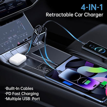 4 in 1 Retractable Car Charger, 69W Fast Charging USB C Car Charger with 2 Built-in Cables & Dual Ports, Multi Port Car Phone Charger Adapter for iPhone 17/16/15, Tablets, Android
