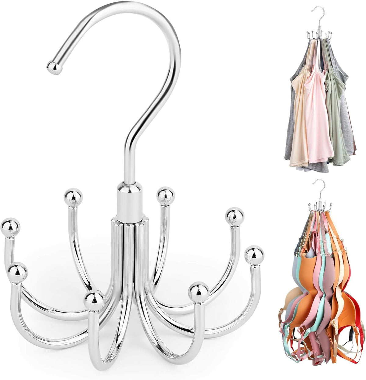 ZEDODIER Tank Top Hanger, 2 Pack Rotatable Bra Organzier for Closet, Max 48 Storage Capacity Sport Bras Holder, Metal Space Saving Closet Organizers and Storage, Silver