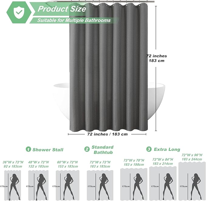 meioro Grey Shower Curtain, Waffle Weave 256GSM Heavy Duty Textured Fabric Shower Curtains for Bathroom Hotel Spa, Luxury Weighted Polyester Cloth Bath Curtain Set with 12 Hooks, 72Wx96H