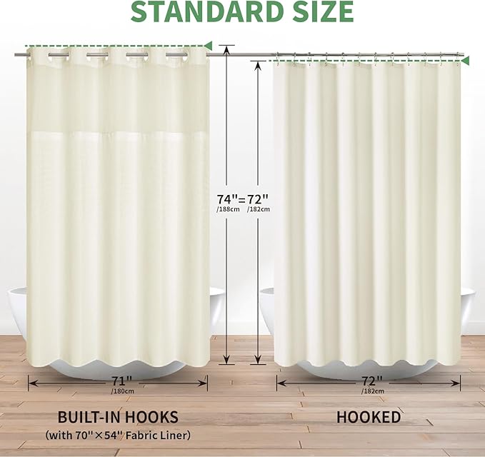 eachope Cream No Hook Shower Curtain with Snap-in Fabric Liner Set,Waffle Weave Shower Curtains for Bathroom,Hotel Luxury Decor Bathroom Curtain Set,Waterproof & Washable,71Wx74H
