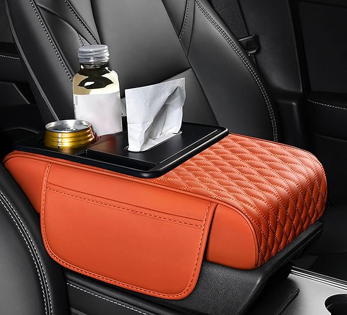 Car Armrest Center Console Cover for Suzuki Grand Vitara (JT) 3.Gen (4door) 2005-2017, Center Console Pad with Cup Holder, Multifunctional Armrest Cushion,F Orange