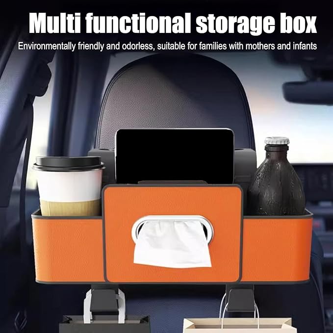 Car Back Seat Organizer with Hooks & Tissue Dispenser – Faux Leather Storage Box with Cup Holders, Multi-Compartment for Sunglasses & Chargers, Compatible with Most Seat Orange 1pc