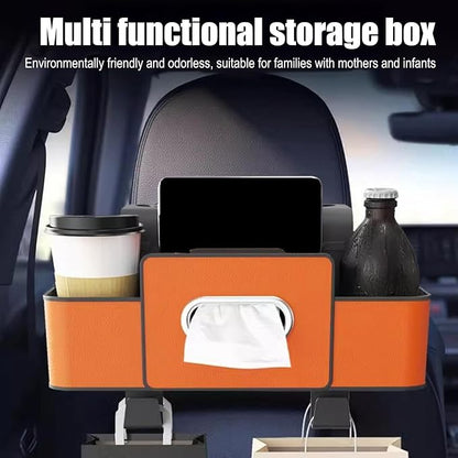 Car Back Seat Organizer with Hooks & Tissue Dispenser – Faux Leather Storage Box with Cup Holders, Multi-Compartment for Sunglasses & Chargers, Compatible with Most Seat Orange 2pcs
