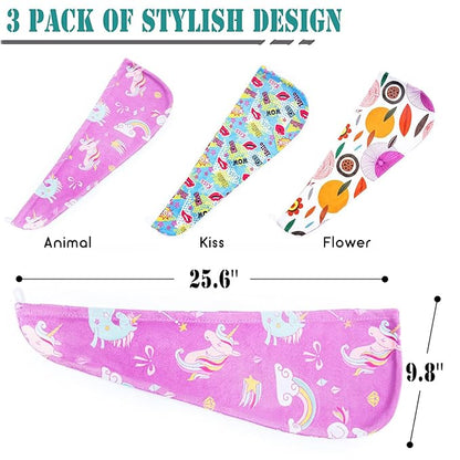 ELLEWIN Microfiber Hair Drying Towels for Kids, 3 Pack Wet Hair Towel Wrap Turban for Girls Children Women, Quick Dry Twisty Hair Towels Wrap for Curly Long Thick Hair Anti Frizz