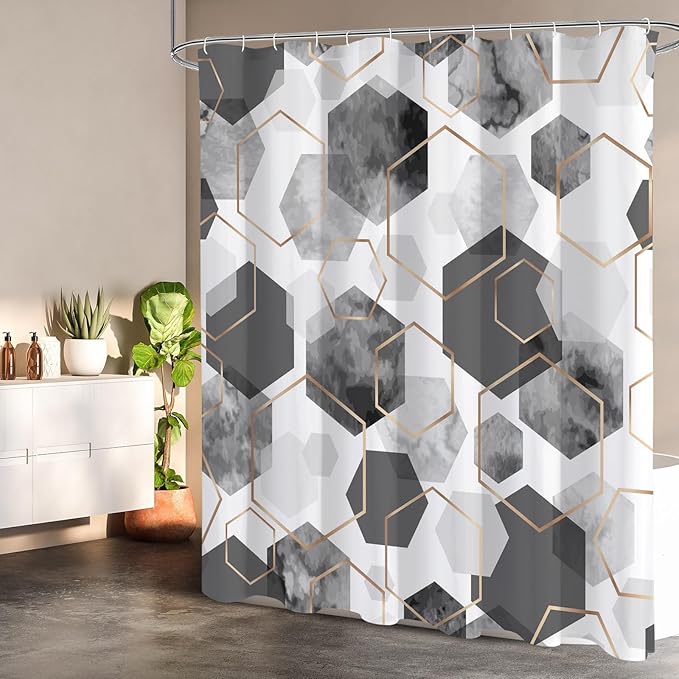 Litabel Modern Extra Long Shower Curtain for Bathroom, Grey Geometric Art Decor Waterproof Bath Curtain, Abstract Fabric Shower Curtain Sets for Home Decor, 72x84 Inch