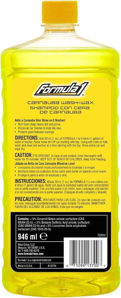 Formula 1 Car Wash and Carnauba Wax, 2-in-1 Car Cleaning Soap for Auto Detailing, Removes Tough Dirt and Leaves a Brilliant Shine (32 ounces)