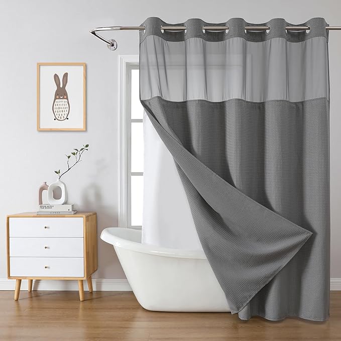 eachope Grey No Hook Waffle Weave Shower Curtain with snap-in Liner Replacement, 230GSM Waterproof Fabric Hotel Shower Curtain Set for Bathroom, Through Mesh Top Window,71Wx82H