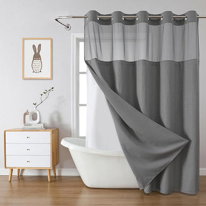 eachope Grey No Hook Waffle Weave Shower Curtain with snap-in Liner Replacement, 230GSM Waterproof Fabric Hotel Shower Curtain Set for Bathroom, Through Mesh Top Window,71Wx82H