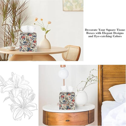 Geometric Colored Indian Flowers Tissue Box Cover,Red Boho Floral Waterproof Leather Square Tissue Box Cover Case Facial Paper Organizer Dispenser Box Holder for Home Office Bathroom Vanity Countertop