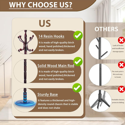 Solid Wooden Coat Rack Stand, Coat Racks Freestanding with 14 Hooks, Natural Birch Wood Coat stands with Sturdy Round Base, Tree Coat Hanger Standing for Entryway Bedroom Office (Ruyi Hook)