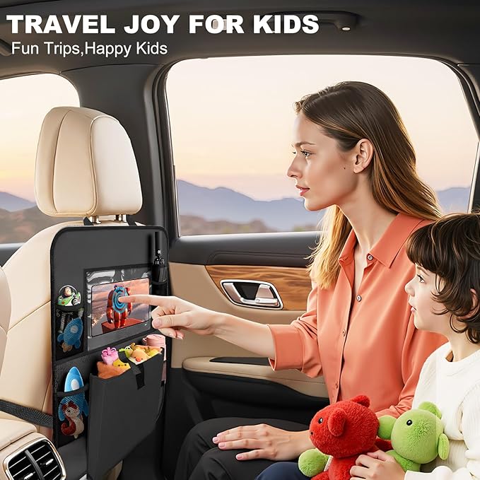 Car Backseat Organizer with Tablet Holder, 6 Storage Pockets Seat Back Protectors Kick Mats for Kids, Car Seat Protector for Road Trips 2 Pack (Black)