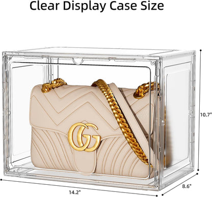 Clear Display Case for Collectibles, Purse Organizer for Closet, Handbag Storage Organizer 5 Pack Stackable Storage Boxes with Magnetic Lid for Shoes, Books, Purse, White