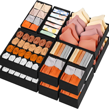 Criusia Drawer Organizer Clothes, 16 Pack Dresser Organizer Bins for Baby Clothes, Underwear Sock, Fabric Closet Organization and Storage Dividers for Nursery Bedroom (96 Compartments, Black)