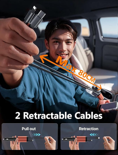 Starlight Retractable Car Charger with Retractable Cables, Starlight in Car Roof 4 in 1 Super Fast USB C Car Phone Charger, 2 USB Ports Starry Sky Adapter, Compatible with iPhone 17 16 15 14 13 12