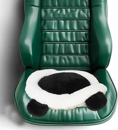 Cute Panda Plush Car Seat Cushion, Lumbar Support Pillow for Driving and Office Chair, Black Rabbit Fur Round Pad, Universal Automotive Interior Accessory
