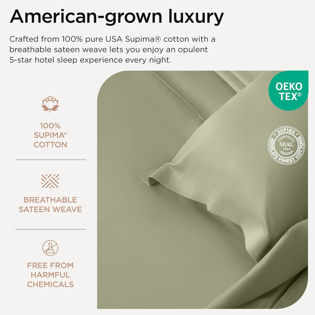 Threadmill Twin XL Sheet Sets | 100% Supima Cotton Sheets for Twin XL Mattress | Solid Sateen Twin XL Bed Sheets Set with 16” Deep Pocket | Soft Breathable 3-Piece Cooling Sheet Set| Sage Green Sheets
