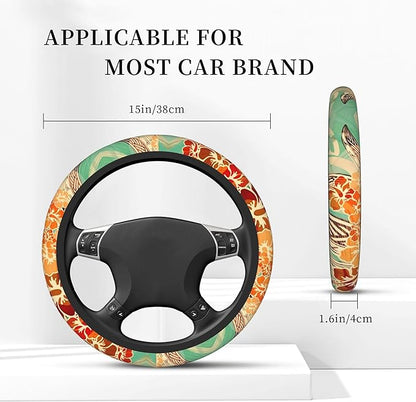 Hawaiian Island Tropical Car Steering Wheel Cover for Women Men 14-15 Inch Stretch Cloth Anti-Slip Wrap Protector Case Fit Universal Auto Accessories Decor Sweat Absorption