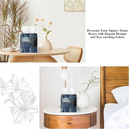 Blue and Brown Art Painting Tissue Box Cover,Abstract Boho Art Waterproof Leather Square Tissue Box Cover Case Facial Paper Organizer Dispenser Box Holder for Home Office Bathroom Vanity Countertop