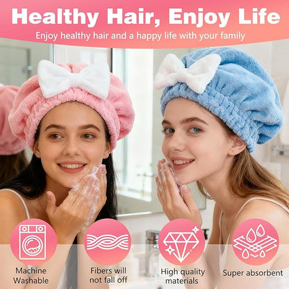 4PCS Super Absorbent Hair Towel Wrap for Wet Hair,Microfiber Hair Drying with Caps Bow Design,2026 New Fast Drying Hair Turban Wrap Towels Shower Cap for Girls and Women(Pink, Blue,Yellow,Red)