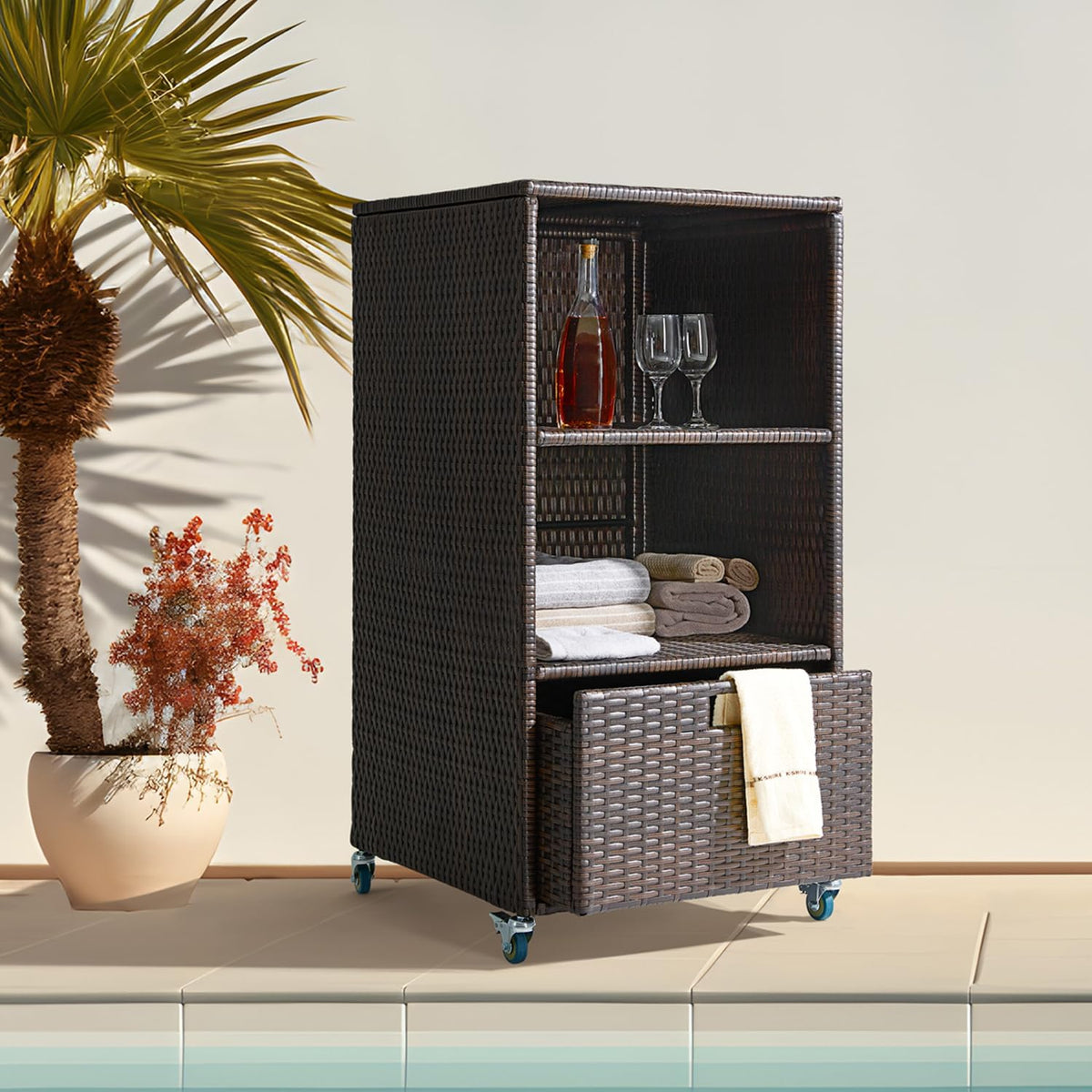 Outdoor Pool Towel Storage Cabinet Organizer Towel Valet Rack with Storage Shelves & Drawer Patio Wicker Pool Towel Holder with Rolling Wheels Poolside Caddy w/Cover for Hot Tub Spa Brown