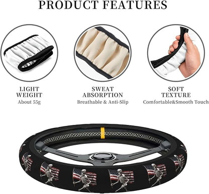 Ouqiuwa Skull and US Flag Steering Wheel Cover Women, Comfortable Elastic Steering Car Wheel Cover Fit 15 inches Universal Accessories Suvs Trucks Decor