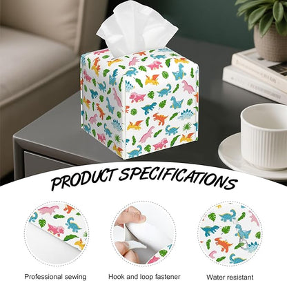 Cute Dinosaur Tissue Box Holder,Palm Leaves Cube Tissue Box Cover Holder,Leather Facial Paper Organizer Dispenser Home for Bedroom Night Stands,Kitchen,Office and Car,5.2"×5.2"×5.2"