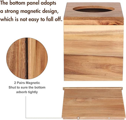 Reviaras Tissue Box Cover, Acacia Wood Square Tissue Box Holder with Slide-Out Bottom for Bathroom, Bedroom, Dinner Table, Office
