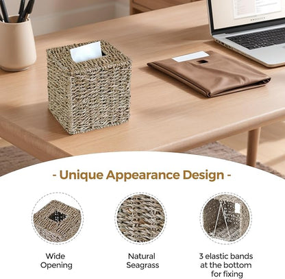 KALEKAIL Seagrass Tissue Box Cover, Wicker Tissue Box Holder Square, Boho Decorative Woven Tissue Cover Facial Cube Tissue Holders for Bathroom Living Room Kitchen, Natural