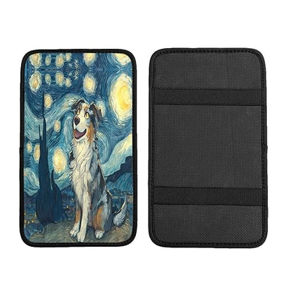 Starry Night Cute Blue and Brown Dog Car Auto Armrest Cushion Cover Accessories Center Console Seat Box Pad Protector Universal Decoration for Most Vehicle SUV Truck