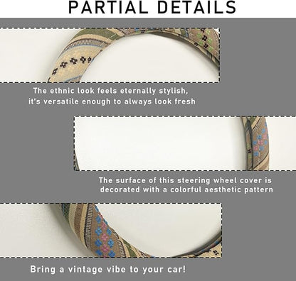 Boho Steering Wheel Cover, 15.0"×15.0" Anti-Slip Baja Blanket Ethnic Steering Wheel Protector, Breathable Flax Cloth Elastic Bohemian Steering Wheel Cover, Car Accessories (Style G)