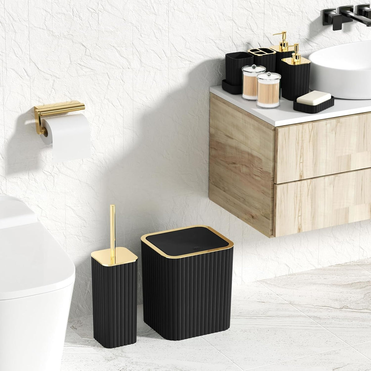 Bathroom Accessories Set - Gorgeous Black Bathroom Set, 10PC Bathroom Accessory Set, Toilet Brush, Trash Can, Qtip Holder Dispenser & Soap Dispenser
