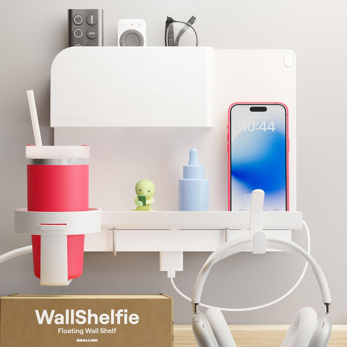 WallShelfie Bedside Wall Organizer & Bedside Shelf, Room Decor, Dorm Room Essential, Floating Bedside Shelf Wall Mount Organizer, Remote Control Holder, RV Accessories, Floating Shelves (White)