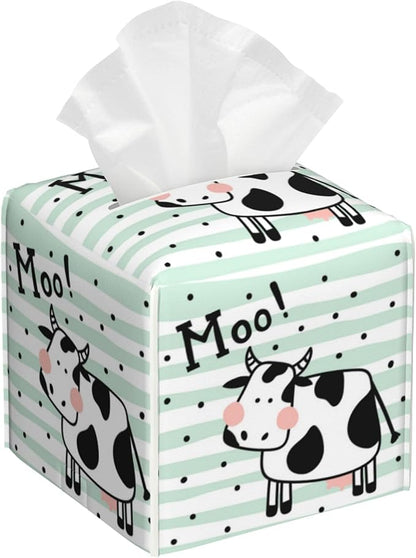 POIUBLE Leather Tissue Box Holder Cute Cow on Stripes Tissue Box Cover Square Waterproof Tissue Holder Organizer Modern Napkin Holder for Bedroom Dresser Night Stand Office Desk