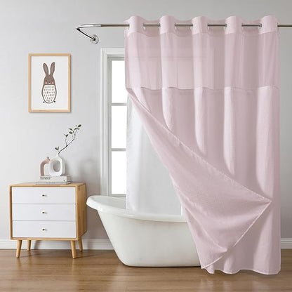 eachope BlushPink Extra Long No Hook Waffle Weave Shower Curtain with snap-in Liner Replacement, 230GSM Waterproof Fabric Hotel Shower Curtain Set for Bathroom, Through Mesh Top Window,71Wx86H