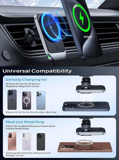 Hinyx for MagSafe Car Mount Charger, 15W Magnetic Wireless Car Charger Vent Dash Charging Phone Holder Mount for iPhone 15 14 13 12 11 Pro Max Plus Mini Xr Xs, Samsung, Google, LG, etc