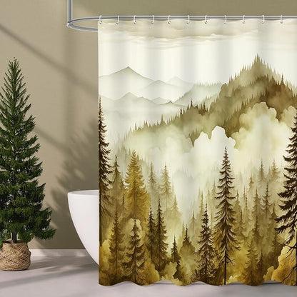 Litabel Yellow Misty Pine Forest Shower Curtain, Mountain Foggy Woodland Scenery Tree Shower Curtains for Chic Rustic Bathroom, Abstract Modern Waterproof Nature-Themed Decor, 72x72 Inches