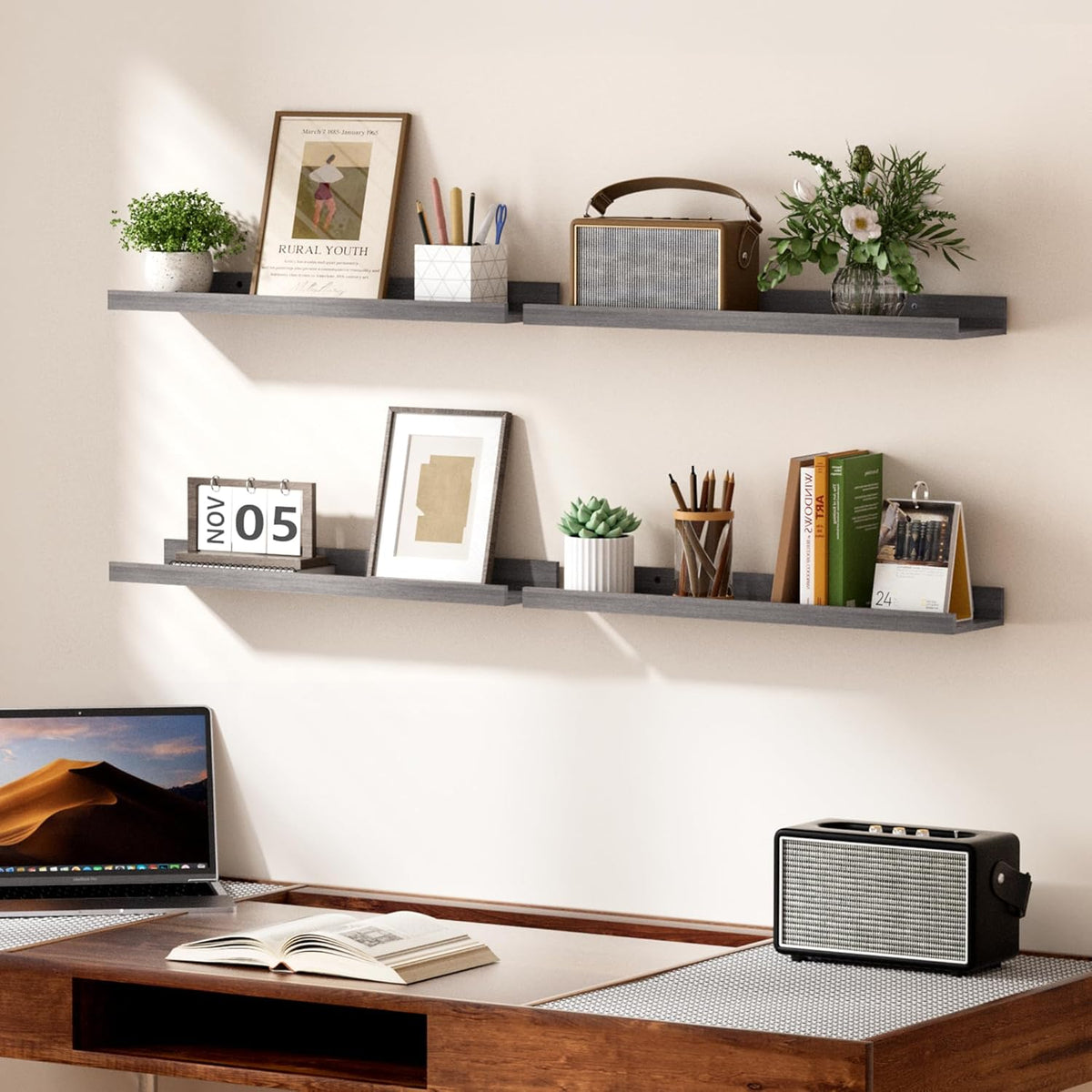 upsimples Floating Shelves for Wall, 23.6 Inch Shelves for Decor Storage Set of 6, Wall Mounted Wood Shelf for Bedroom, Living Room, Bathroom, Kitchen, Long Picture Ledge Shelves, Grey
