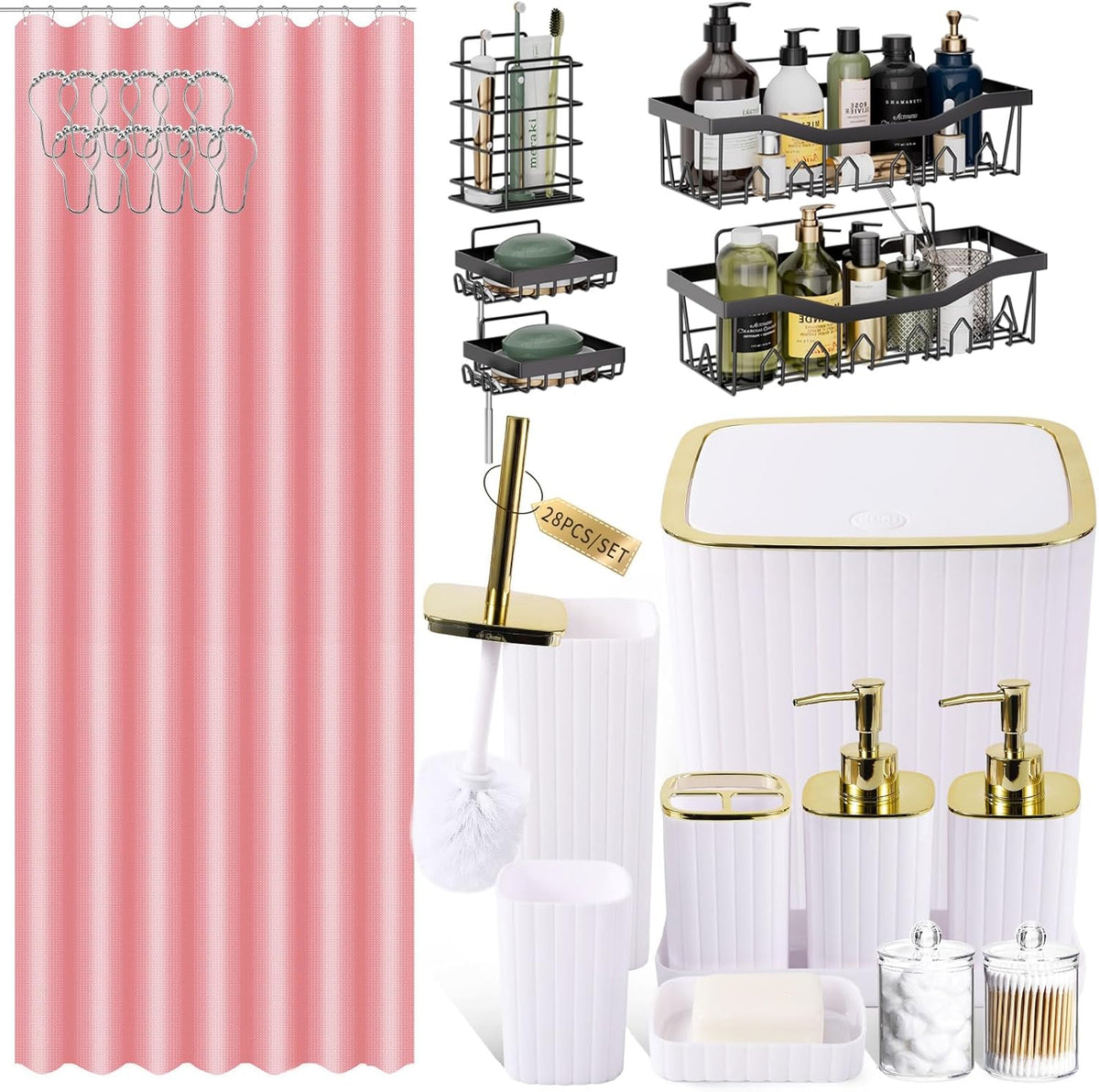 Bathroom Accessories Set - Gorgeous Bathroom Set, 28PC White Bathroom Accessory Set, Shower Curtain with 5PC Adhesive Corner Shower Caddy Hanging, Toilet Brush, Trash Can & Soap Dispenser
