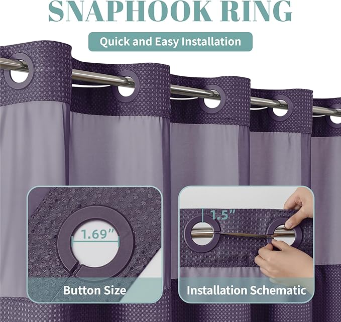 eachope Purple Extra Long No Hook Waffle Weave Shower Curtain with snap-in Liner Replacement, 230GSM Waterproof Fabric Hotel Shower Curtain Set for Bathroom, Through Mesh Top Window,71Wx86H