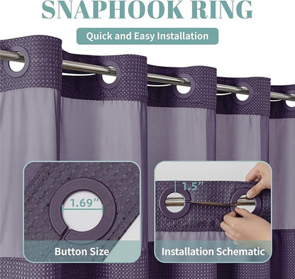 eachope Purple Extra Long No Hook Waffle Weave Shower Curtain with snap-in Liner Replacement, 230GSM Waterproof Fabric Hotel Shower Curtain Set for Bathroom, Through Mesh Top Window,71Wx86H