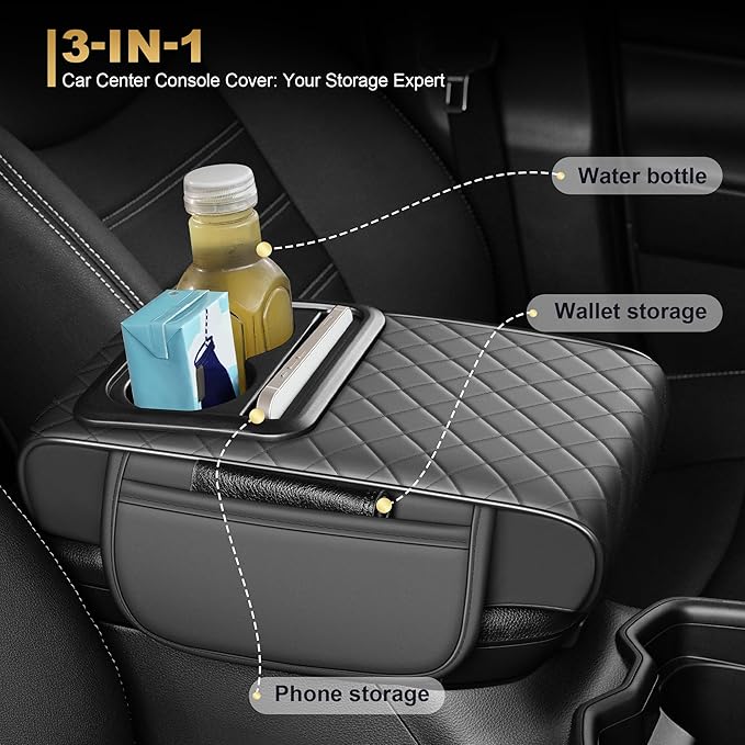 Center Console Cover for Clarity: Armrest Cover for Car with 2 Storage Bags - Waterproof Leather Center Console Cover with Cup Holder for Car,Anti-Scratch Auto Armrest Pad Accessory （Grey