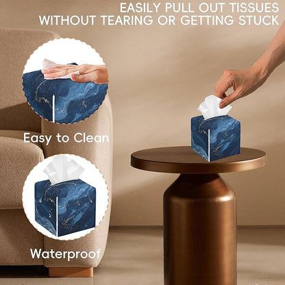 Tissue Box Cover Leather Tissue Box Holder Cube Tissue Case Cover Facial Paper Organizer Dispenser for Bathroom, Vanity Countertop, Office Desk (Abstract Blue Marble with Gold Veins)