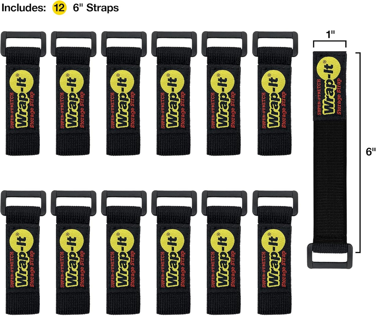 Super-Stretch Wrap-It Storage Straps, 6" (12 Pack) - Elastic Hook and Loop Cinch Straps - Extension Cord Organizer, Hose Strap, Cable Straps, Tool Strap, Cord Wrap, Cord Keeper and Cable Storage