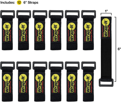 Super-Stretch Wrap-It Storage Straps, 6" (12 Pack) - Elastic Hook and Loop Cinch Straps - Extension Cord Organizer, Hose Strap, Cable Straps, Tool Strap, Cord Wrap, Cord Keeper and Cable Storage
