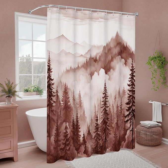 Litabel Burgundy Misty Pine Forest Shower Curtain, Mountain Foggy Woodland Scenery Tree Shower Curtains for Chic Rustic Bathroom, Abstract Modern Waterproof Nature-Themed Decor, 72x72 Inches