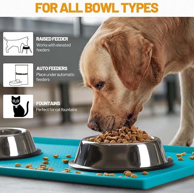Hubulk Dog Feeding Mat,100% Waterproof Food Grade Silicone Pet Food and Water Bowl Placemat,Dishwasher, High Raised Edge to Prevent Spills,Nonslip Tray to Stop Messes on Floor (24"x16"x0.5", Teal)