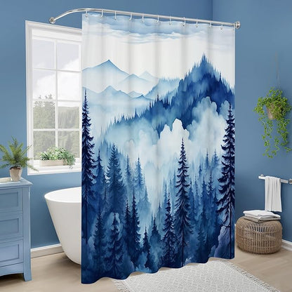 Litabel Navy Blue Long Misty Pine Forest Shower Curtain 72 x 78, Mountain Foggy Woodland Scenery Tree 78 Inch Long Shower Curtains for Bathroom, Abstract Waterproof Nature-Themed Decor