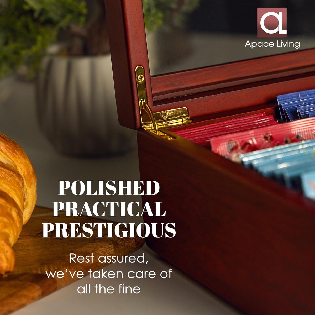 Tea Box - Luxury Wooden Tea Bag Organizer from The Apace Premier Collection - 8 Compartment Tea Storage Chest Container - Elegantly Handmade w/Scratch Resistant Window