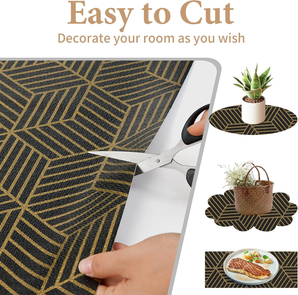 Shelf Liners for Kitchen Cabinets 12in x 30FT, Non Adhesive Cabinet Liner Strong Non-Slip Black Gold Geometric Drawer Liner, Easy to Clean for Shelf, Cabinet with Knife and Tape Measure