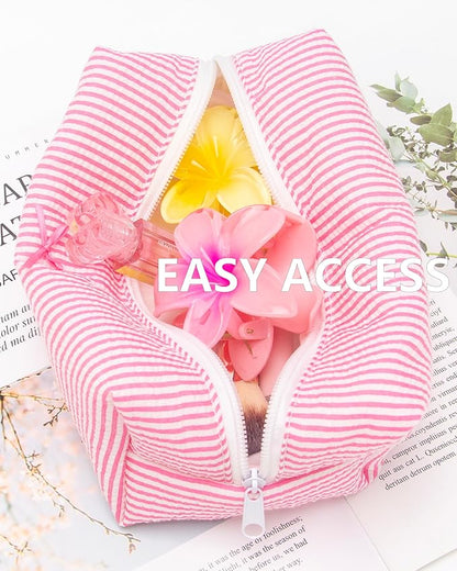 PAZIMIIK 2PCS Cozy Makeup Bag Small Aesthetic Travel Zipper Cosmetic Pouch for Women Make Up Beauty Accessories Brushes, Stripe Hotpink